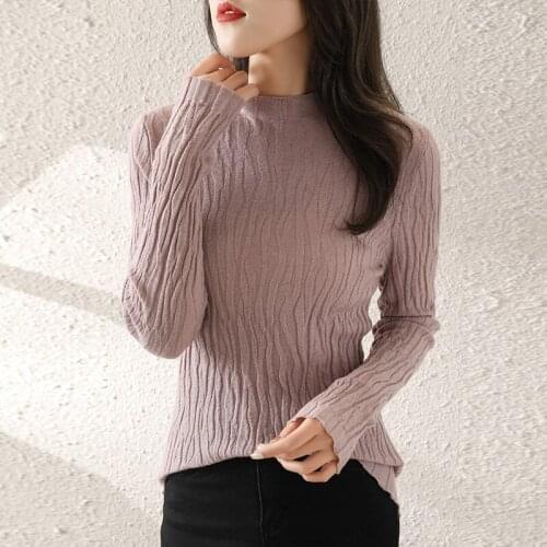 Autumn And Winter New Women Cashmere Sweater Pure Wool Half-high Collar Bark Pattern Pullover Female Knitting Slim Warm Sweater