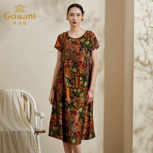 Gowani 100% Silk Women Summer Casual Dress Pattern Printed Crew Neck High Waist Ruffle Knee-length Dress for Ladies