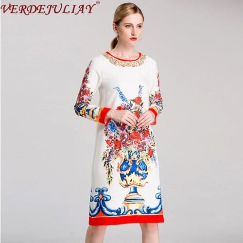 VERDEJULIAY Hot Sale Item European Vintage Vase Print Straight Dresses Women Back Invisible Zip Knee-Length Casual Midi Dress