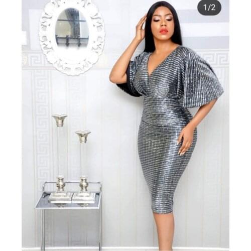MCK Bodycon African Dress Deep V Neck Sequin Embroidery Glittering Silver Grey Mini Party Formal Evening Dresses Sexy Party