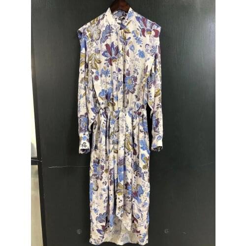 Woman Floral Print midi Viscose dress O Neck frilled collar long Sleeves Front Buttons 2021