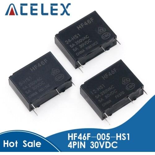 10PCS/lot 30VDC Power Relays HF46F-005-HS1 HF46F-012-HS1 HF46F-024-HS1 5-HS1 12-HS1 24-HS1 5A 250VAC 4PIN 5V 12V 24V DC