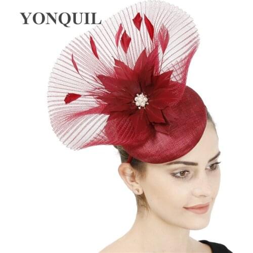 4-Layer Sinamay Ladies Wedding Party Fascinator Mesh Hat Women Chic Occaison Headpiece With Fancy Feather Flower Chapeau Caps