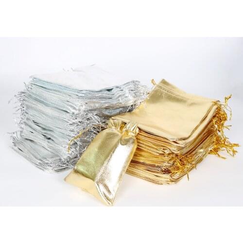 50pcs/lot 7x9/9x12/10x15/13x18cm Gold Silver Color Drawstring Organza Bag Jewelry Packaging Bag Wedding Jewelry Pouches