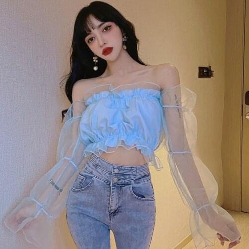 Online celebrity anchor sweet sexy mesh stitching word shoulder bubble sleeve word shoulder short blouse female