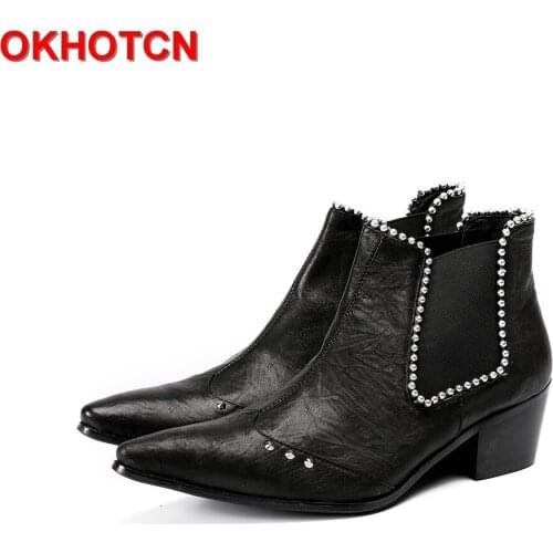 Fashion Med Heel Chelsea Boots Men Cow Leather Pointed Toe Rivets Men Shoes Black Slip On Plus Size Crystal Ankle Botas Hombre