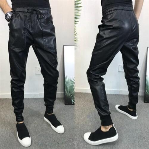 Summer Leather Pants Mens Windproof Slim Fit Elastic Pencil Pants Imitation PU Leather Motorcycle Pants Man Drawstring Pants