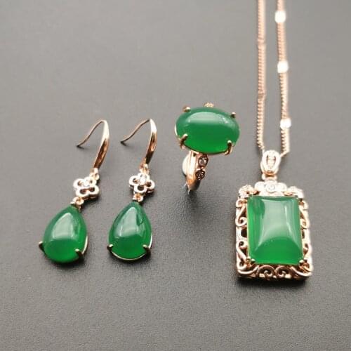 Jadery 3pcs Natural Green Jade Gemstone Jewelry Sets For Women Vintage Rose Gold 925 Sterling Silver Necklace/Earrings/Ring Gift