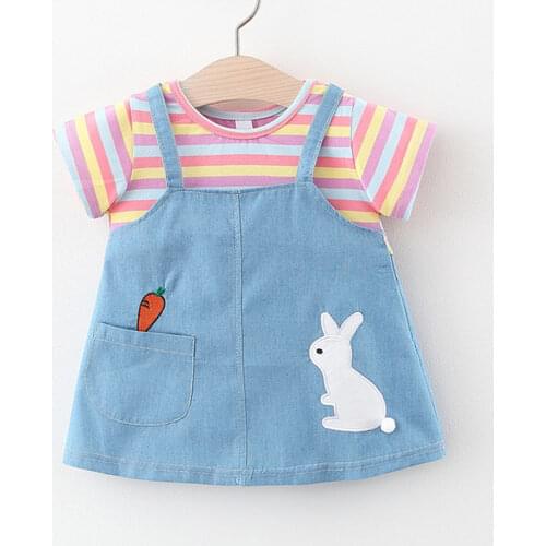 Newborn Summer Clothes Little Girls Clothing Cartoon Cute Stripe Cotton Denim Short Sleeve Baby Dresses Toddler Dress 2009-1