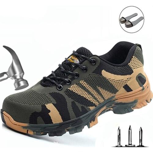 Mens Work Boots Safety Fashion Camouflage Spring Mesh Breathable Puncture proof Work Safe Steel Toe Men Casual Shoes 36-46