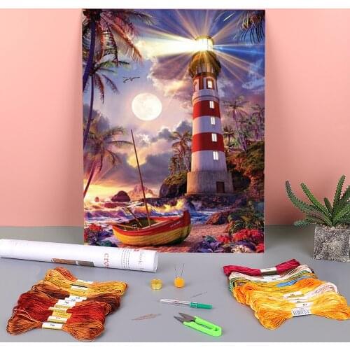 Landscape Lighthouse Pre-Printed 11CT Cross Stitch Full Kit DIY Embroidery DMC Threads work Handiwork Craft Knitting Decor