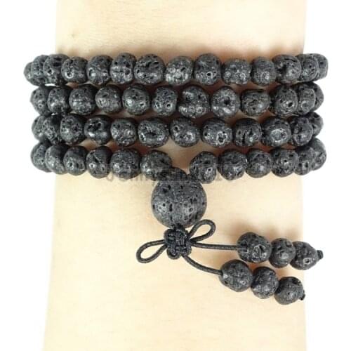 Natural Volcanic Lava 6mm Gems Stone Buddhist 108 Beads Prayer Mala Multi-Purpose Stretchy Bracelet Necklace 5Strands/Pack
