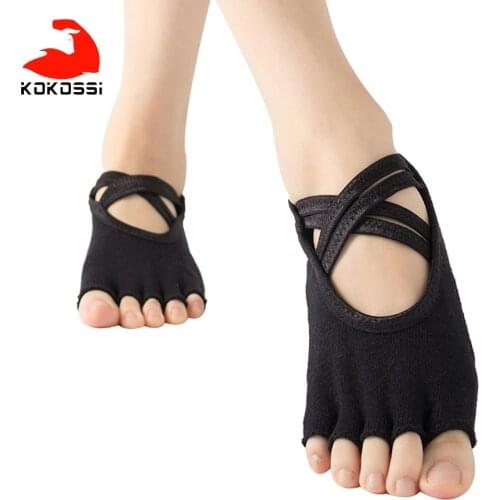 KoKossi 1 Pair Yoga Socks Half-finger Halter Straps Dance Slippers Professional Fitness Pilates Training Sport Sock PVC Non-slip