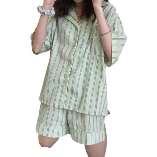 New Summer Set Women Pajama Striped Design All-match Soft Tops Shorts Casual Loose Pajama Cardigan Set for Home Sleepwear Set