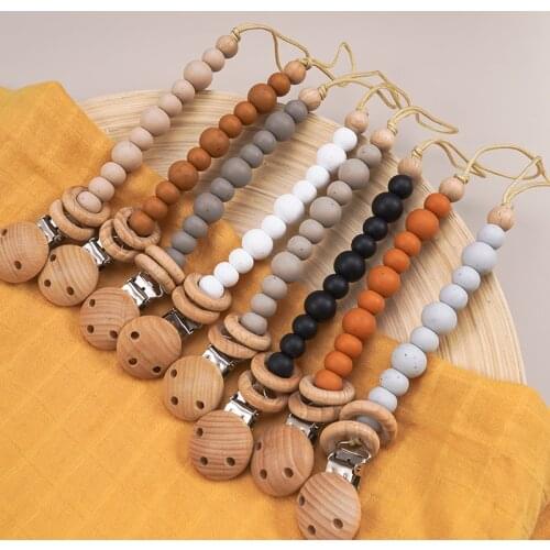 Baby Hot New Product Organic Wooden Pacifier Clip Non-Toxic BPA-Free Portable Baby Silicone Pacifier Chain Quality Gifts