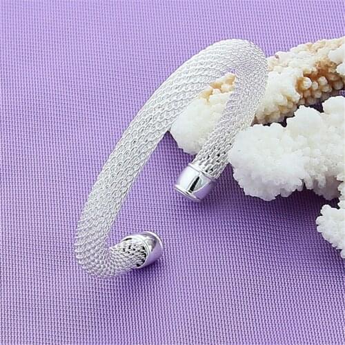 New 925 Sliver Color Mesh Cuff Bracelet Bangle Fashion Jewelry For Female Trendy Wedding Engagement Birthday Christmas Gift