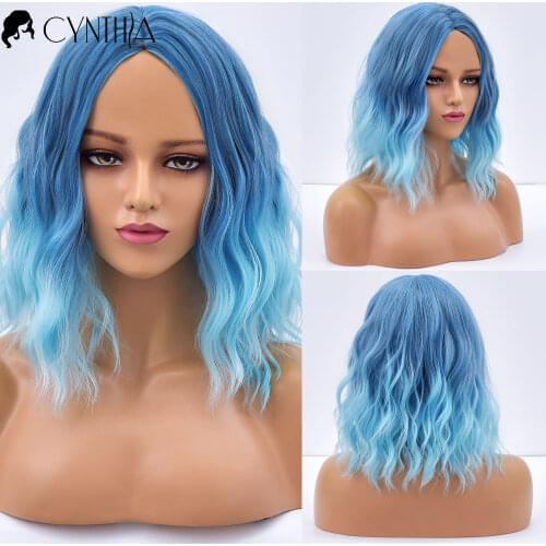 Cosplay Colored Wavy Short Hair Synthetic Wig For White Women Natural Blue Ombre Heat Resistant Daily Wavy Fibre Female Wigs