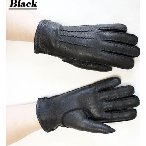 Leather buckskin gloves womens high-quality color leather hand stitching thin wool lining autumn warm ladies new