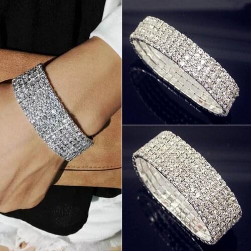 Luxury Full White AAA CZ Zircon Crystal Elastic Bracelet Bling Iced Out Rhinestone Womens Bracelet for Women Wedding Jewelry