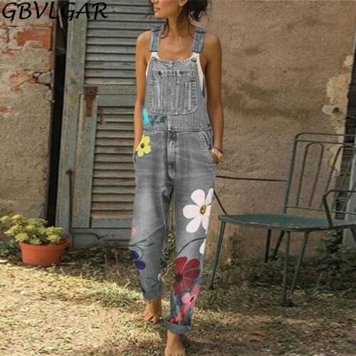 S-5XL New Summer Women Long Jumpsuits Fashion Floral Print Jeans Romper Suspender Trousers Pants Pocket Washable Denim Overalls