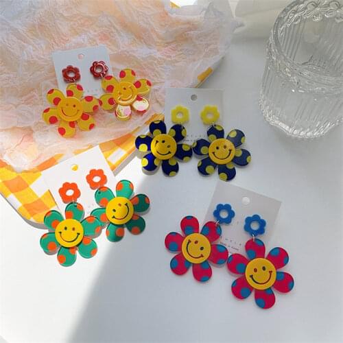Korea Retro Polka Dot Flower Acrylic S925 Silver Earrings Korean INS Style Smiley Earrings Exaggerated Sunflower Womens Jewelry