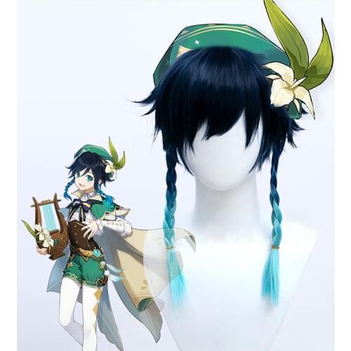 Short Omber Color Wig Synthetic Genshin Impact Venti Braids Bangs Cosplay Wig For Men Women Blue Hair Extension MUMUPI