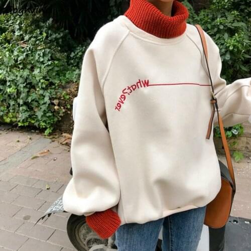 Hoodies Women All-match Turtleneck Korean Style Casual Thicker Warm Hoodie Womens Loose Harajuku Tops Soft Letter Pullover New