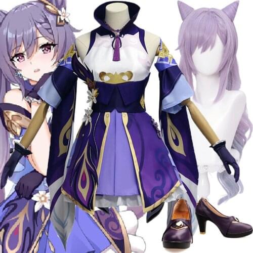 Game Genshin Impact Keqing Cosplay Costume Purple Uniform Elegant Dress Wig shoes Canival Halloween Party Outfit Women