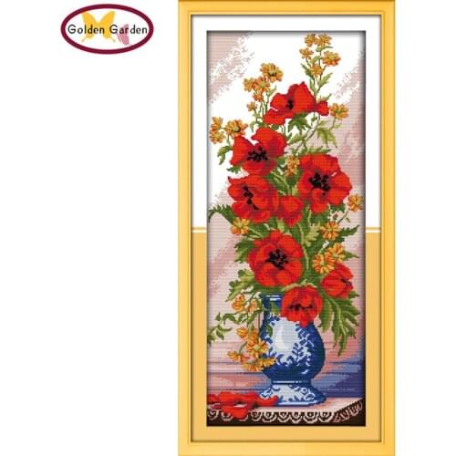 GG Poppy Celadon Vase Pattern Printed Design Stitching Handmade Craft Needlework Embroidery Kit Cross Stitch Set for Home Decor