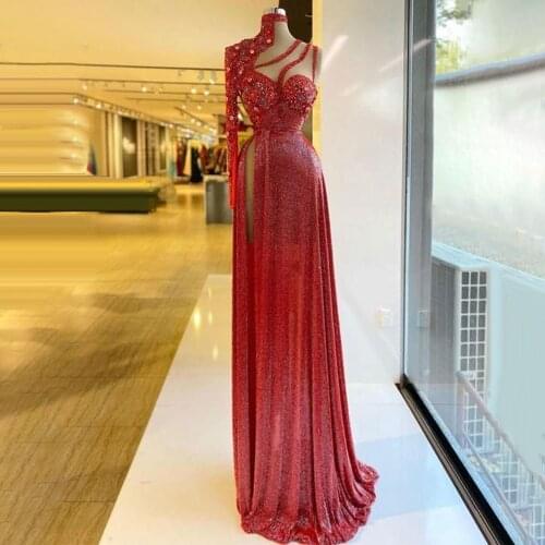 Red Beading Evening Dresses Illusion Crystals Dubai Middle East Party Gown High Split Side Arabic Long Prom Dresses Custom