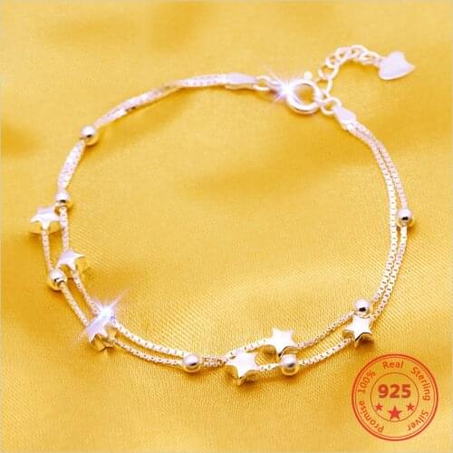 Japan South Koreas Latest S925 Sterling Silver Ladies five-Pointed Star Bracelet Double-Layer Trend Small Star Round Bead Chain