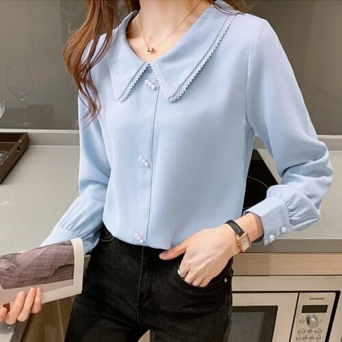 Women Blouse Chiffon Turn-down Collar Fashion Long Sleeve Top Womens Tops and Blouses