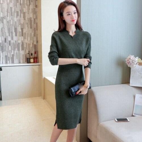 Womens Fashion Autumn Korean Temperament V-neck Knitting Sweater Dress