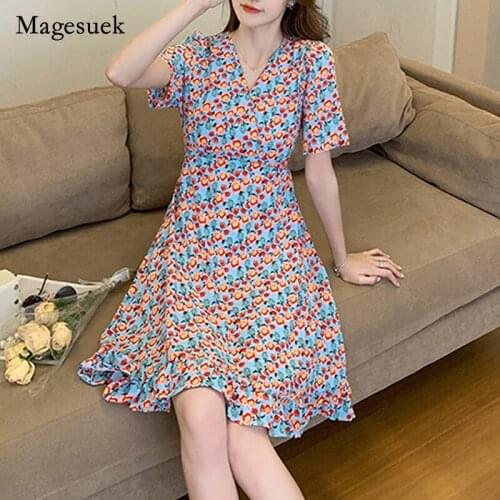 Summer New Floral Dress V-neck Print Short Sleeve Dress for Women Sweet High Waist Chiffon Dress Casual Lady Dress Vestido 16011
