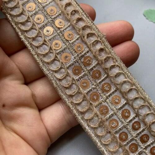 1 Yards White 35mm Ethnic Gold Thread Sequins Webbing Ribbon Tape Shoes Dress Embroidered Lace Trims DIY Sewing Accessorie New