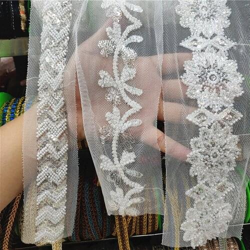 2.7/4/6 cm Width White lace Accessories Embroidered Beads Sequins on the Mesh Sewing for Wedding Clothing Dress Skirt 1yard