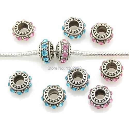 20pcs/ Lot Vintage Silver Color Big Hole Beads Inlay Crystal Fit European Charm Bracelet Jewelry DIY EE35