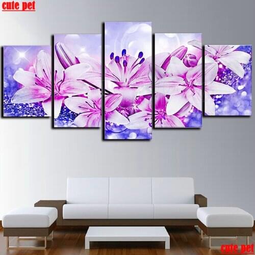 5D Fashion New diamond embroidery Beautiful Lily Flower mosaic diamond paintings square drill stitch cross rhinestone Decor 5PCS