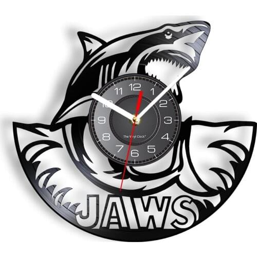 American Thriller Film Killer Shark Laser Cut Vinyl Record Wall Clock Great White Shark Sea Life Art Home Decor Clock Wall Watch