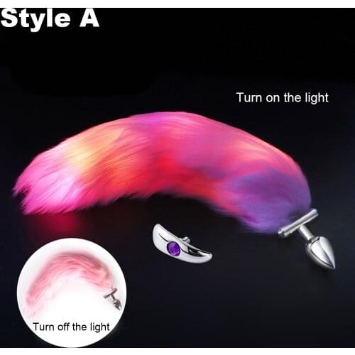 Fanala 2In1 Pink Luminous Fox Tail Anal Plug With Diamond Base Metal/Silicone Butt Plug Animal Cosplay Tail Adult Games