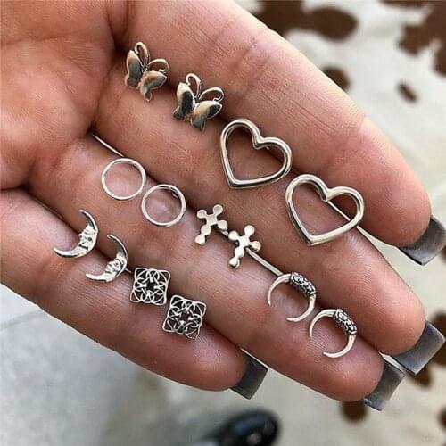 Modyle Bohemian Heart Cross Moon Stud Earrings Set For Women 2019 Statement Handmade Round Earring bijoux femme Ethnic Jewelry