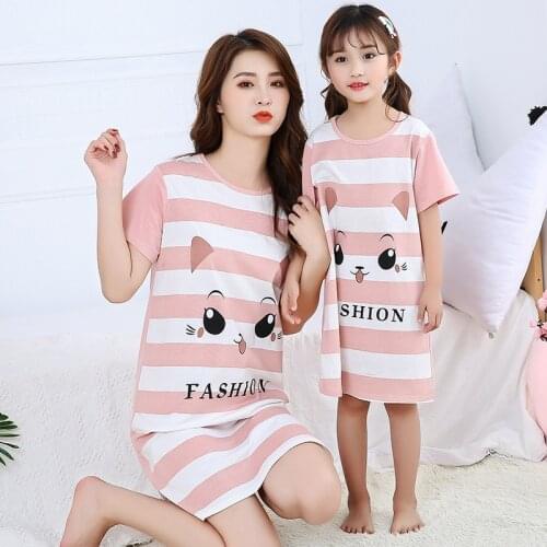 Childrens Nightdress Summer Cotton Short Sleeve Thin Girls Pajamas Babys Mother Daughter Dress Child Home Clothes Pajama Set