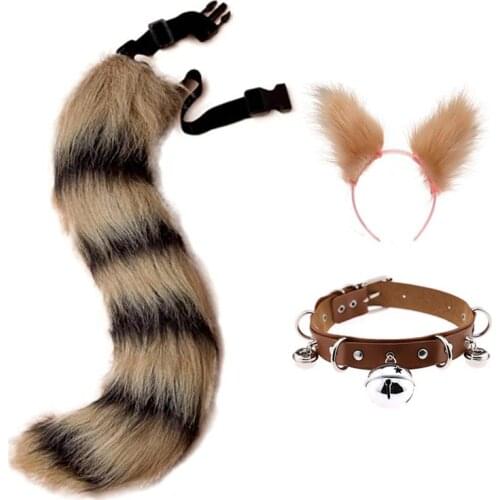JUNBOON Children/Adult Wolf Fox Tail Clip Ears and Bell Neck Chocker Set for Halloween Party Cosplay Costume Accessories
