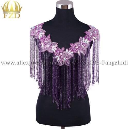 FZD 1 PIECE Purple Handmade beads Fringe Patch bodice applique rhinestones Stone Patches Dress and Evening Dress Clothes