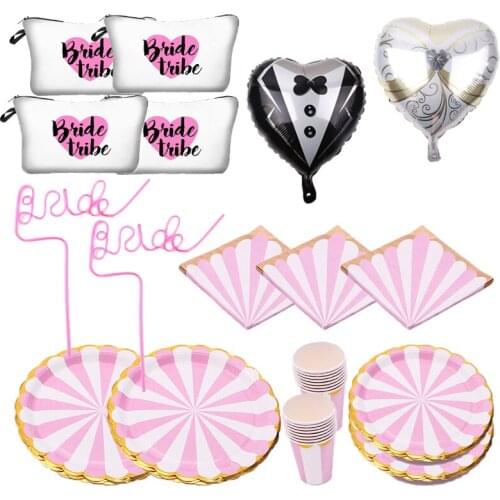 Hot Stamping Pink Blue Set Wedding Decoration Paper Towel Paper Cup Paper Tray Bachelor Hen Night Party Supplies Straws