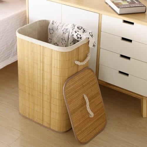 Laundry Baskets Dust-proof Organizer Hand-Woven Large Capacity Bamboo Basket Cover Household Clothes Toys Storage Bucket Folding