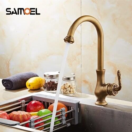 Kitchen Faucets Mixer Taps Antique Brass Finished Hot and Cold Deck Mounted with Flower Design AF1042N