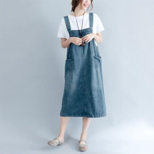 Cute Style Women Bib Denim Dress Big size Suspender Jean Dress Ladies Sleeveless Denim Long Dresses A025