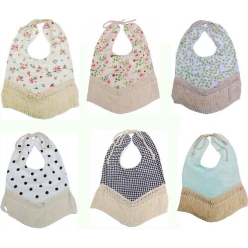 New fringed platoon print baby bibs saliva towel large retro bib girl small floral saliva towel burp cloth tassel decoration