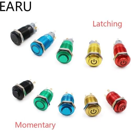 12mm Oxide Aluminium Red Green Yellow Blue Black Metal Push Button Switch Latching Fixation Momentary Reset LED Lamp Light Power